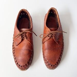 Vintage Huarache Oxford Shoes Size 9.5 Mens Tan Woven Leather Lace Up Fisherman